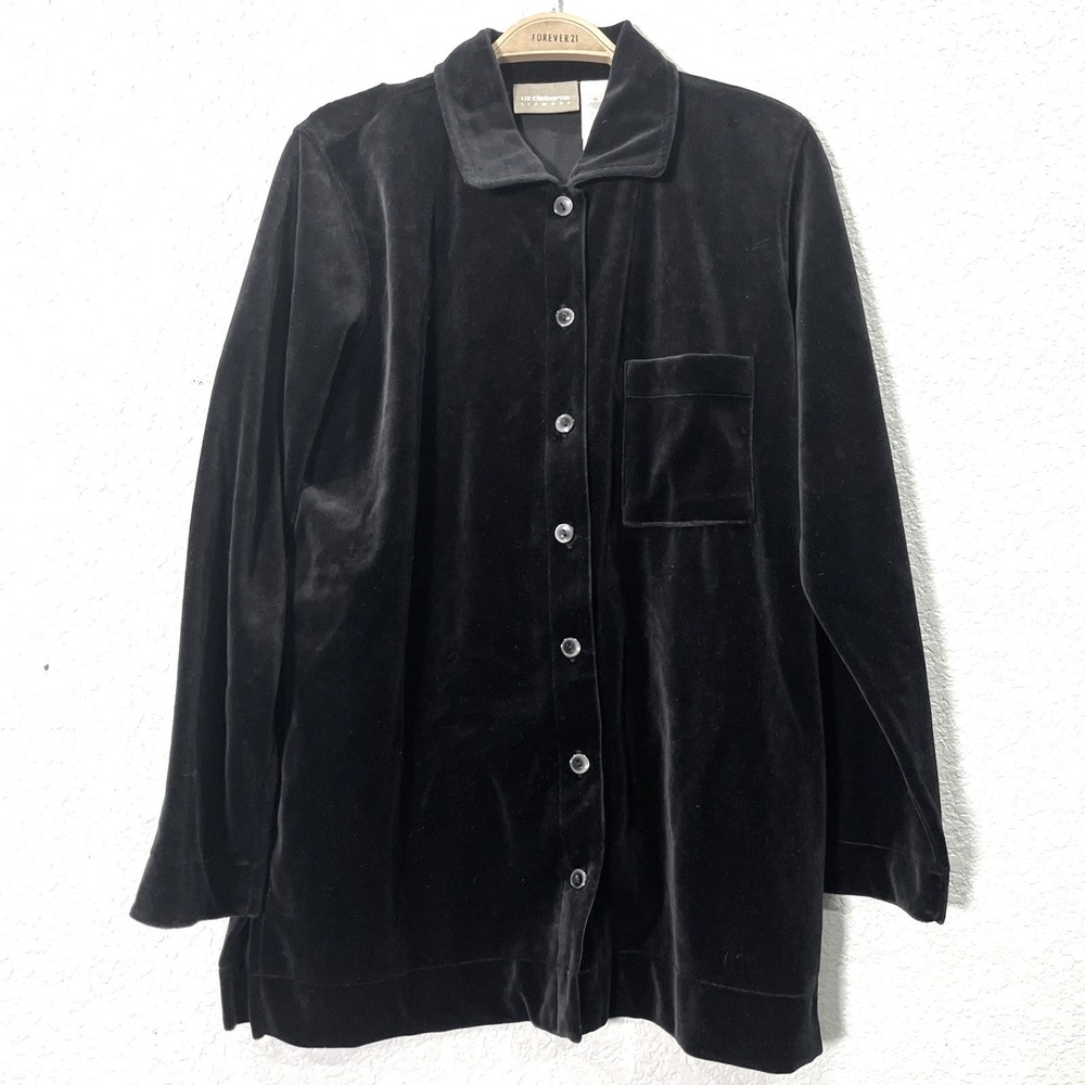 Liz Claiborne Button Down Women M Black Lizwear Velvet Velour Long Sleeve Shirt